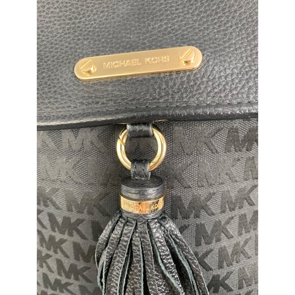 Michael Kors Bedford Black Signature Backpack Canvas Leather Tassel & Gold Hardw main image 5